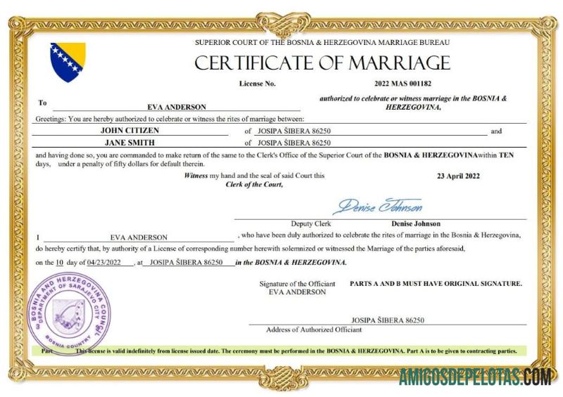 Realista modelo Word e PDF de certidão de casamento da Bósnia e Herzegovina
